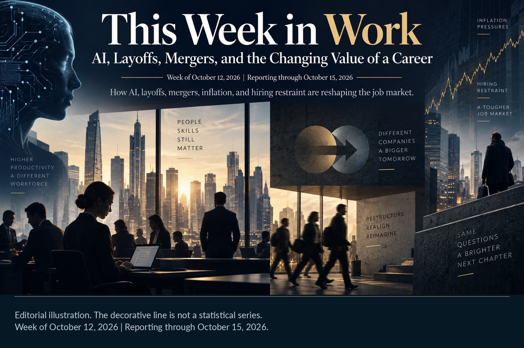 This Week in Work: AI, layoffs, mergers, and the changing value of a career. Editorial city and workplace illustration.