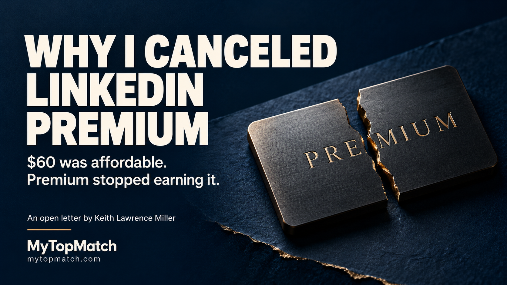 MyTopMatch cover: Why I Canceled LinkedIn Premium. $60 was affordable. Premium stopped earning it. An open letter by Keith Lawrence Miller.