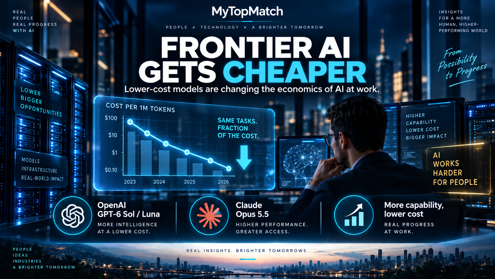 MyTopMatch: Frontier AI gets cheaper. AI-generated editorial illustration.
