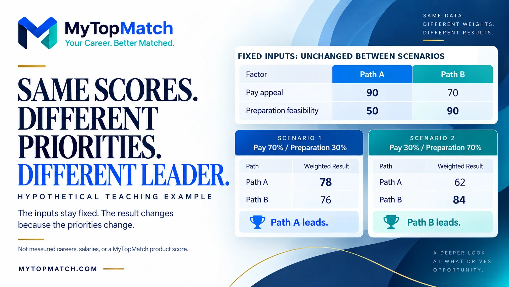 Hypothetical Path A scores 90 and 50; Path B scores 70 and 90. At 70/30 weights A scores 78 and B 76; at 30/70 A scores 62 and B 84.