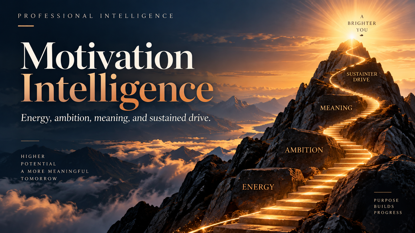 A glowing staircase climbs a mountain at sunrise, illustrating motivation, ambition, meaning and sustained effort. Decorative artwork, not a separate assessment result.