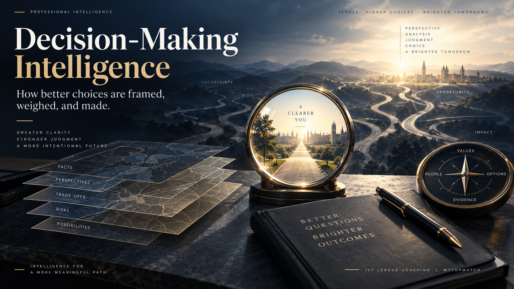 A crystal sphere, branching paths and compass illustrate decision framing, evidence and tradeoffs. Decorative artwork, not an assessment result.