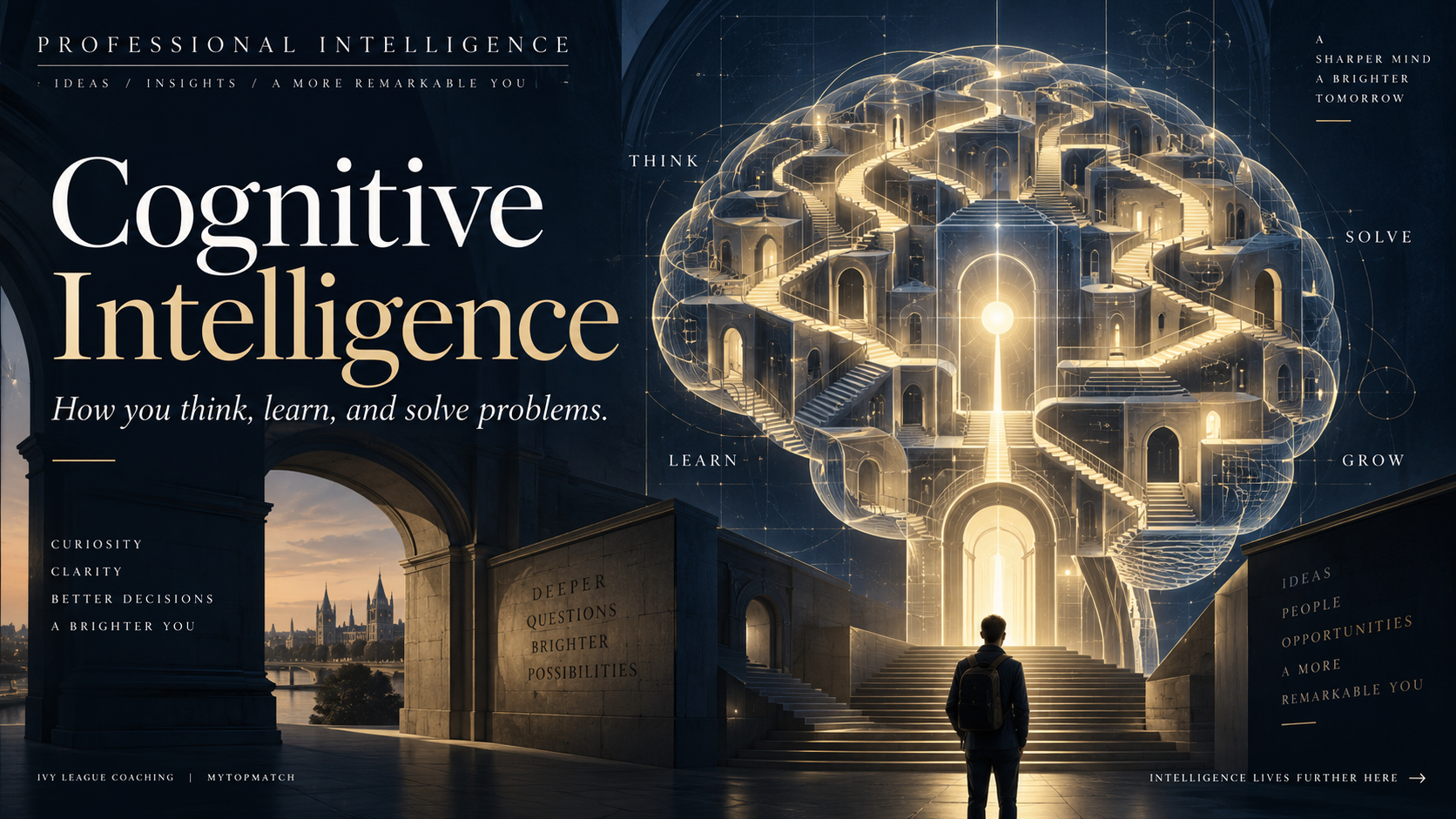 A luminous architectural brain with pathways and staircases, illustrating thinking, learning and problem-solving. Decorative artwork, not an assessment result.