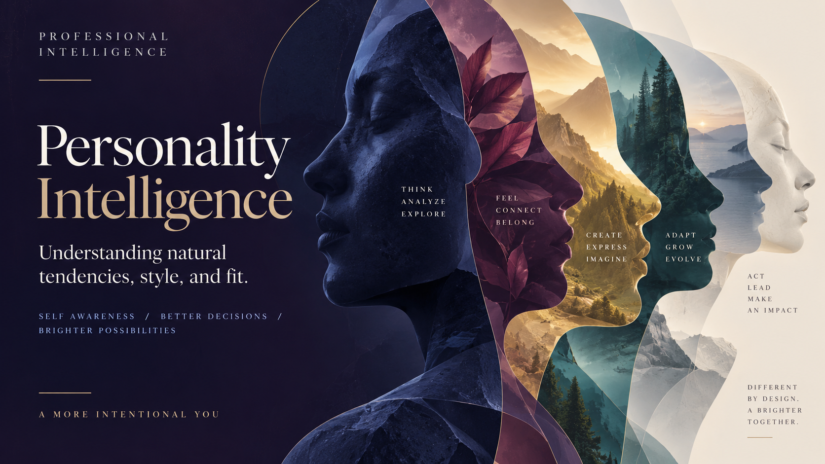 Layered profile silhouettes containing varied landscapes, illustrating professional personality tendencies and perspectives. Decorative artwork, not a fit verdict or assessment result.