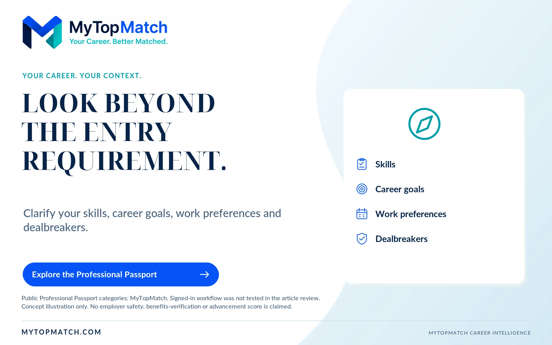 MyTopMatch promotion: look beyond the entry requirement; clarify skills, career goals, work preferences and dealbreakers. Explore the Professional Passport.