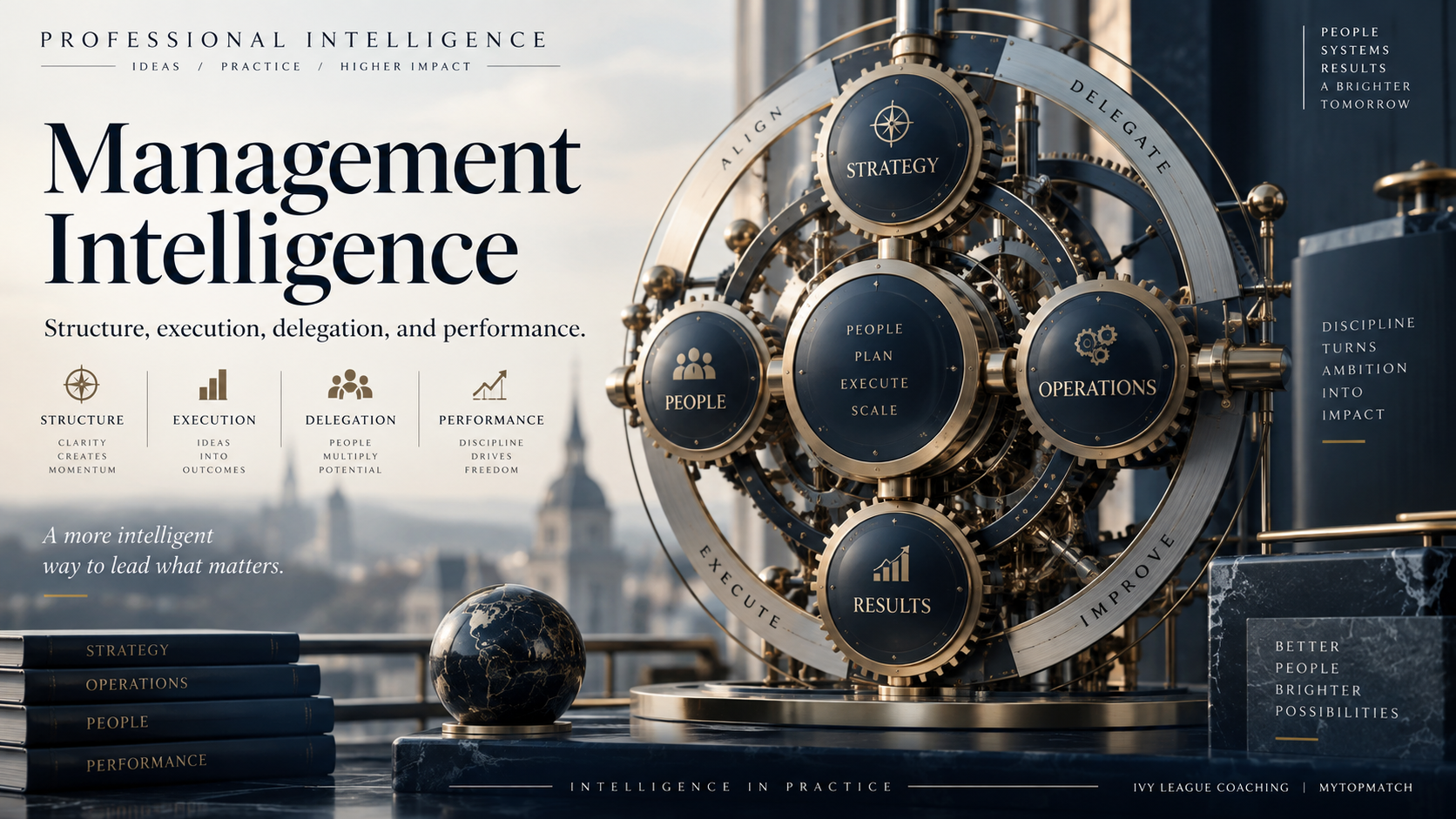 Interlocking gears labeled strategy, people, operations and results, illustrating management structure and execution. Decorative artwork, not a performance prediction.