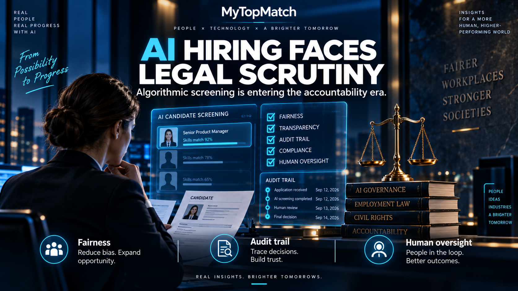 MyTopMatch: AI hiring faces legal scrutiny. AI-generated editorial illustration.