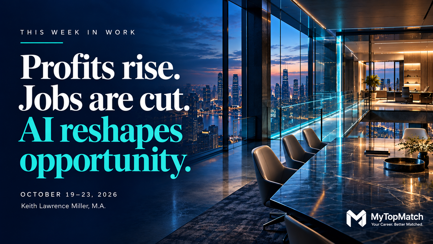 MyTopMatch cover: Profits rise. Jobs are cut. AI reshapes opportunity. A glass boardroom overlooks a city at blue hour.