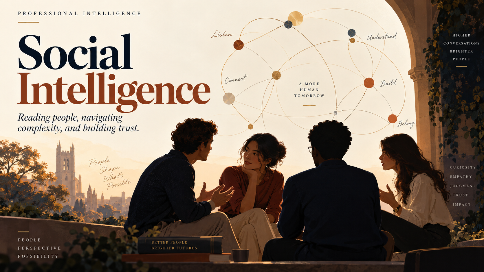 Four people in conversation beneath a network of connections, illustrating social understanding and relationships. Decorative artwork, not an assessment result.