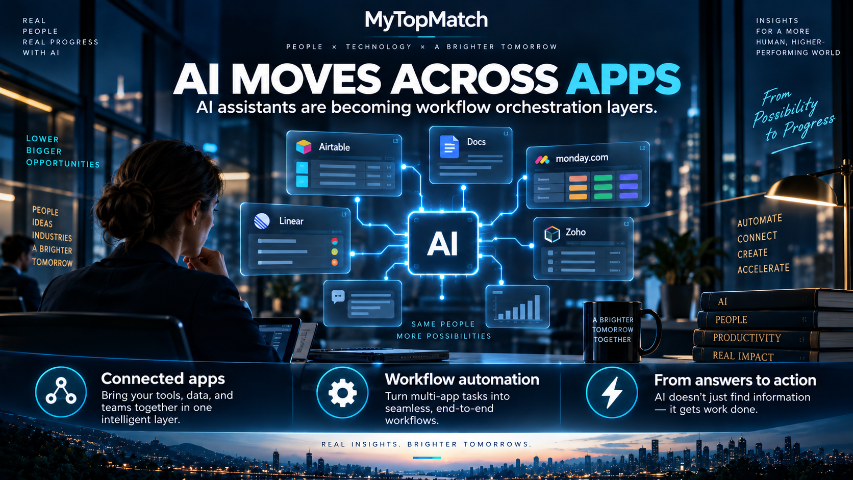 MyTopMatch: AI moves across apps. AI-generated editorial illustration.