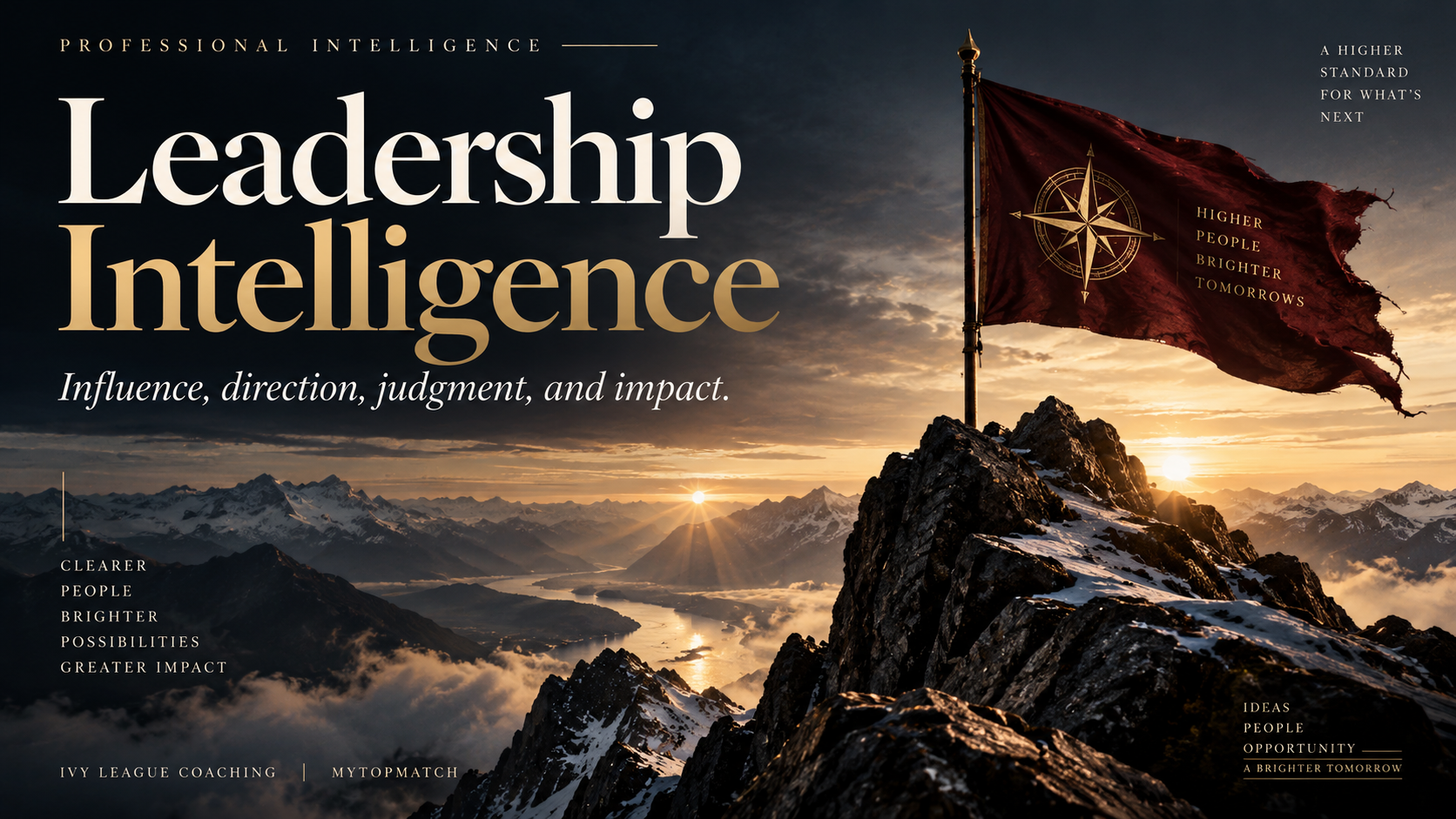 A flag with a compass emblem on a mountain summit, illustrating leadership, direction and responsibility. Decorative artwork, not an assessment result.