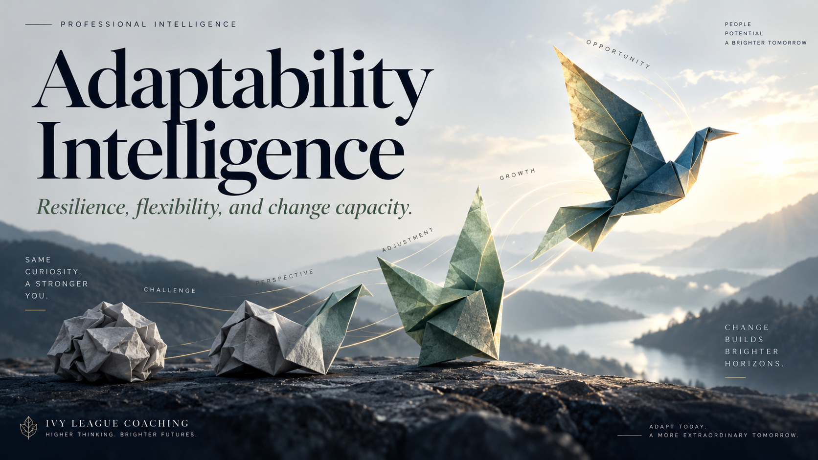 Paper unfolds from a crumpled form into an origami bird taking flight, illustrating adaptability and change. Decorative artwork, not a separate assessment result.