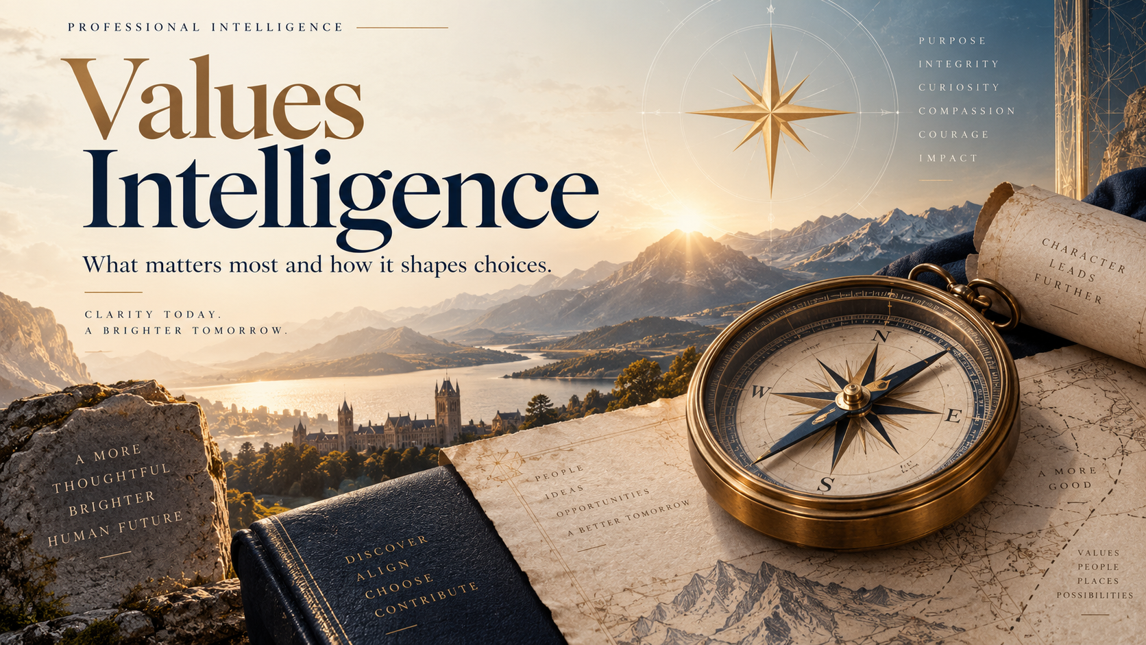 A compass, map and mountain landscape illustrating personal values and choices. Decorative artwork, not a separate assessment result.