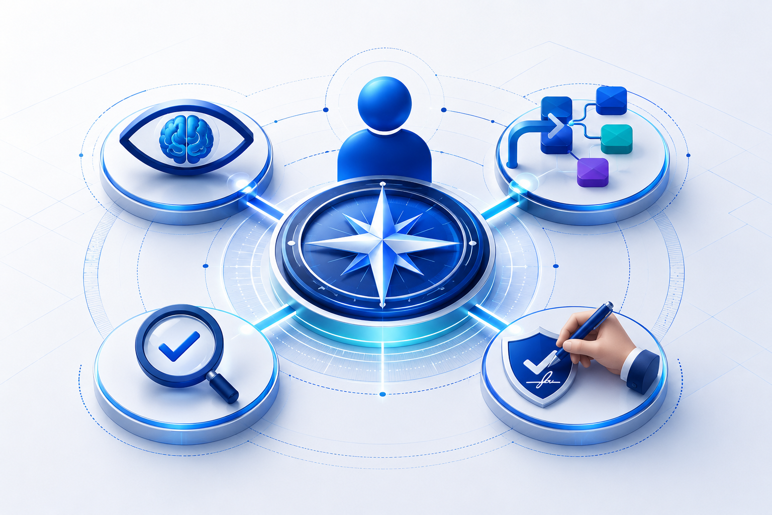 A human-centered compass connected to four symbols representing judgment, delegation, verification and accountability.