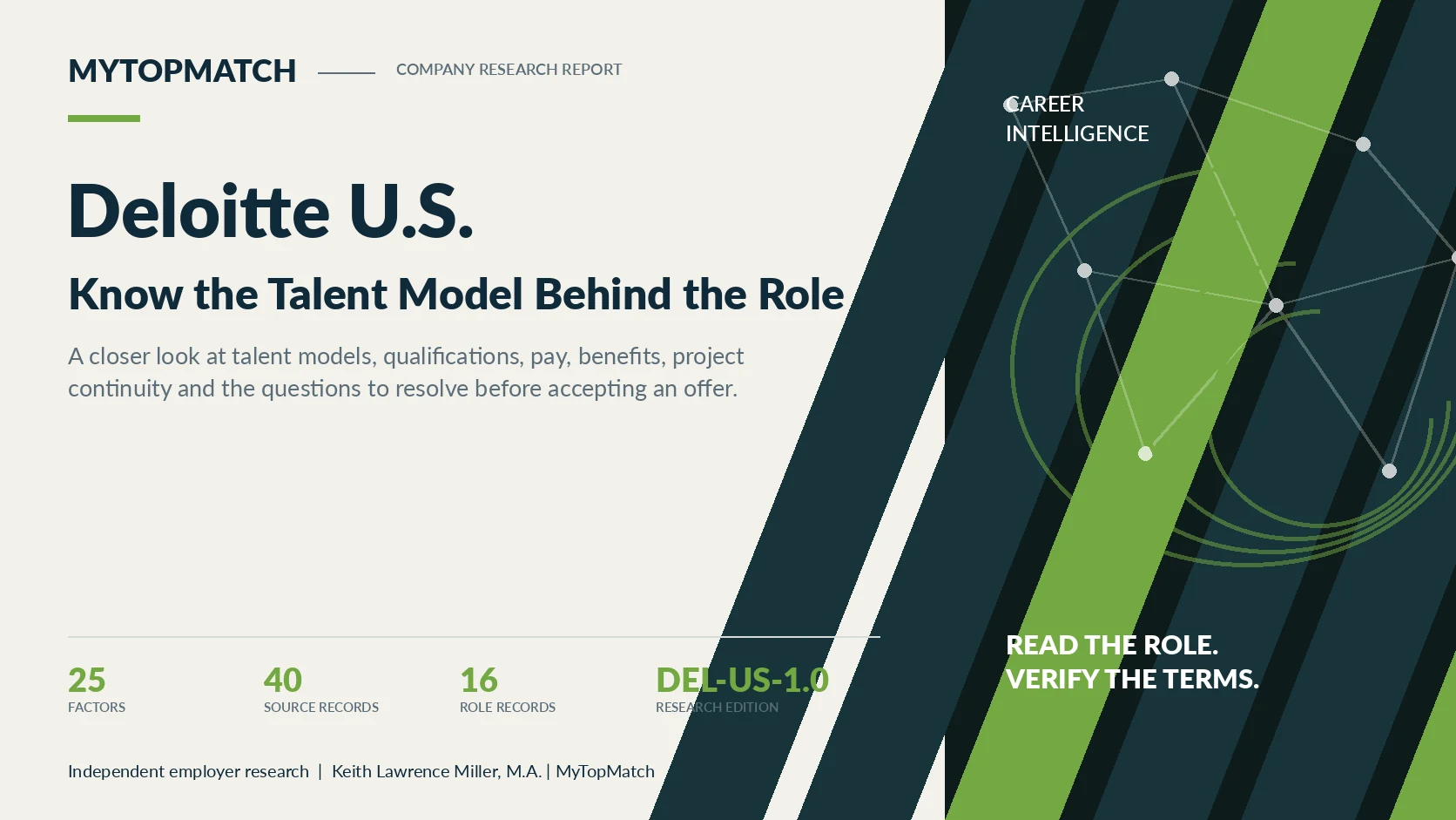 MyTopMatch Deloitte U.S. Company Research Report banner showing 25 factors, 40 substantive sources and 16 examined role records.
