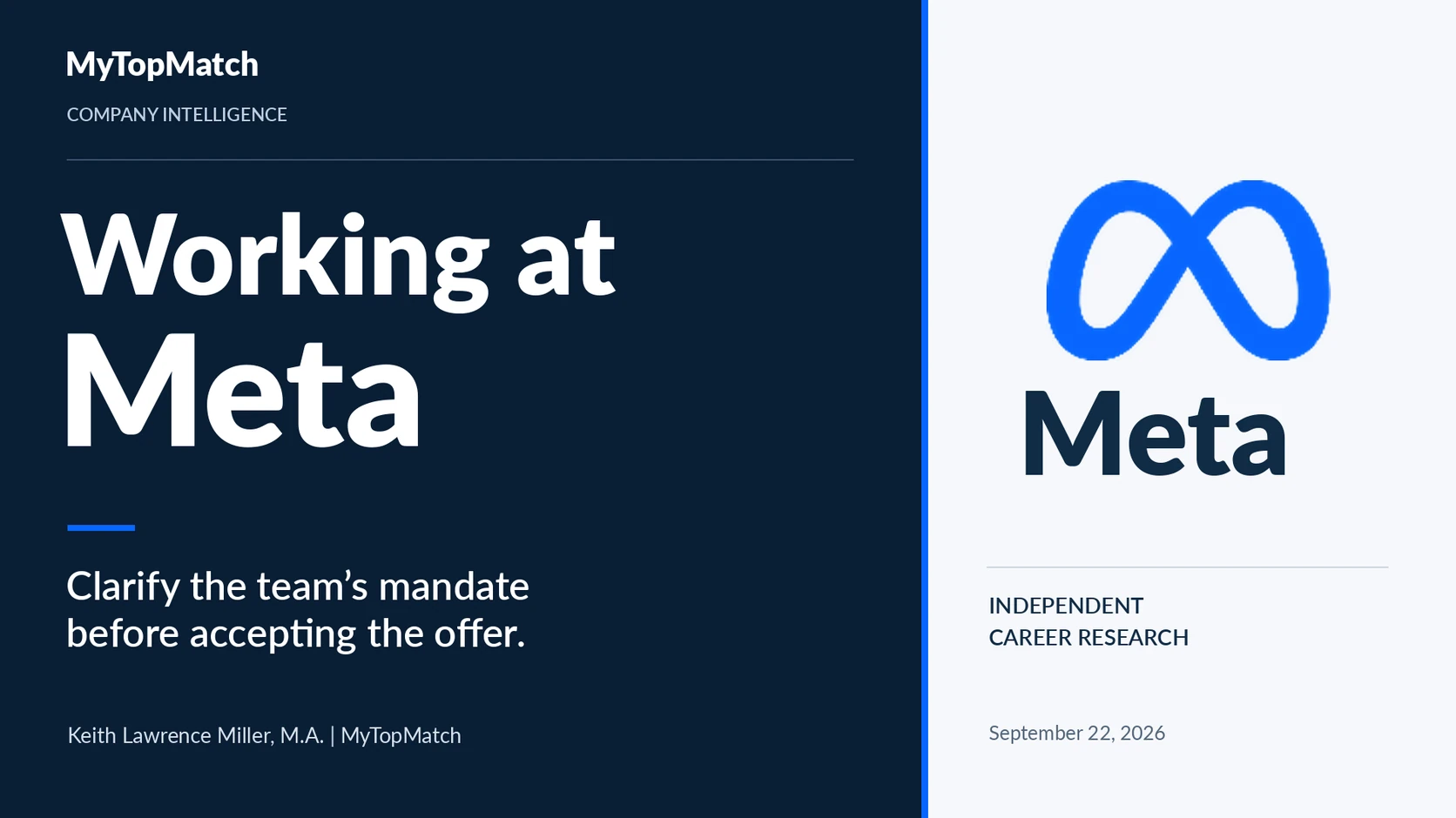 MyTopMatch Meta Platforms Company Research Report banner showing 25 factors, 47 substantive sources and 15 examined role records and 72 evidence claims.