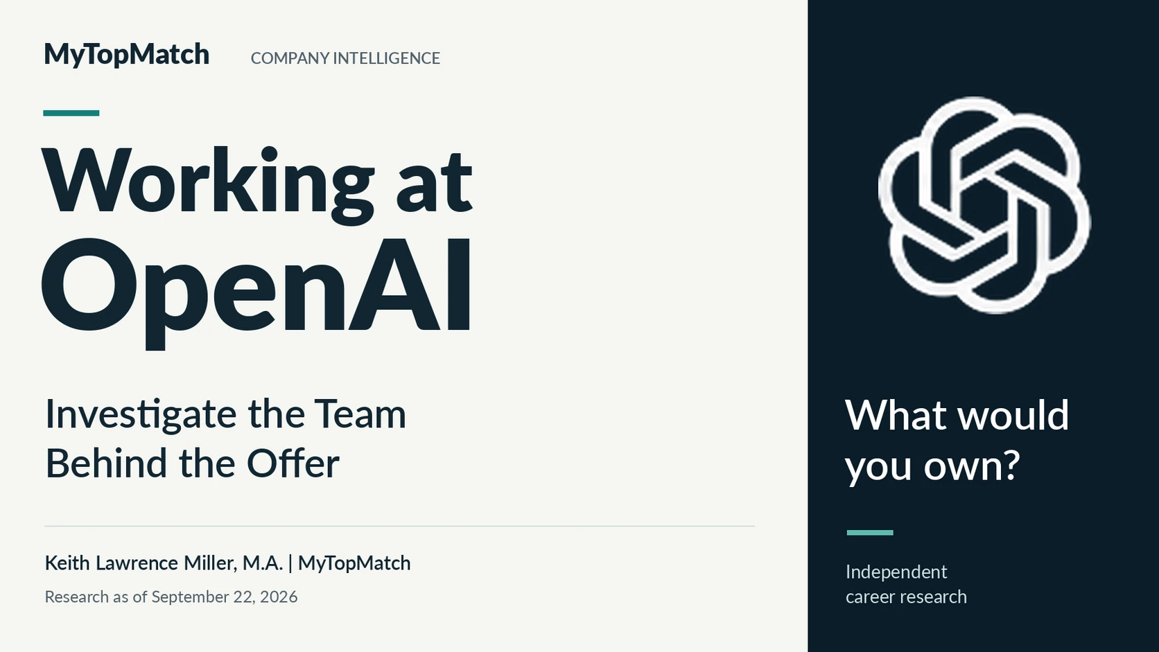 MyTopMatch OpenAI Company Research Report banner showing 25 factors, 51 substantive sources, 20 examined role records and 84 evidence claims.