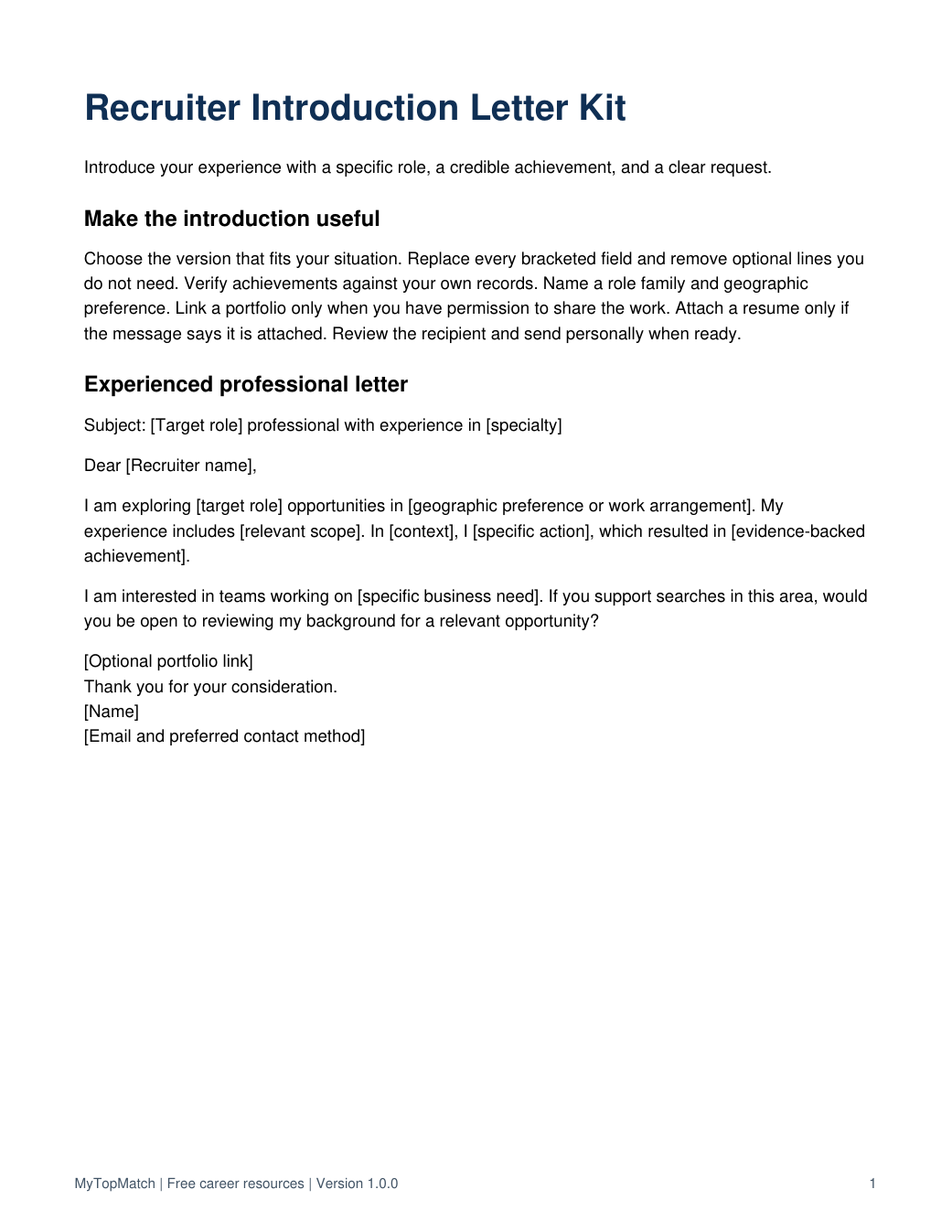 Preview of the published Recruiter Introduction Letter Kit